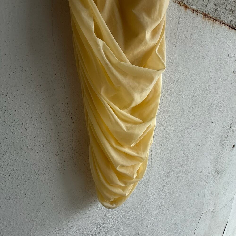 Y2K Corset Dress Ruched Sheer Mesh Bodycon Mini Yellow Womens S Coquette Glam - Picture 3 of 6